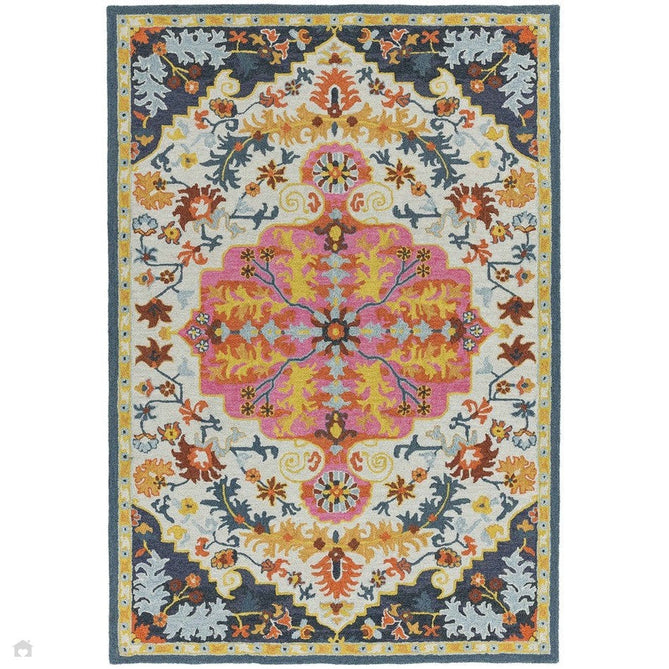Bronte Traditional Persian Medallion Bordered Hand-Woven Textured Fine Wool Loop Pile Low Profile Short Pile Multicolour Rug-Asiatic Carpets-Rug Love - The Most Loved Rug Store