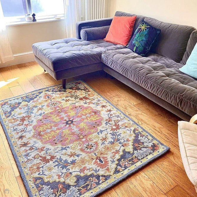 Bronte Traditional Persian Medallion Bordered Hand-Woven Textured Fine Wool Loop Pile Low Profile Short Pile Multicolour Rug-Asiatic Carpets-Rug Love - The Most Loved Rug Store