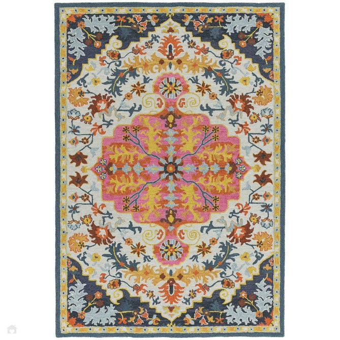 Bronte Traditional Persian Medallion Bordered Hand-Woven Textured Fine Wool Loop Pile Low Profile Short Pile Multicolour Rug-Asiatic Carpets-Rug Love - The Most Loved Rug Store