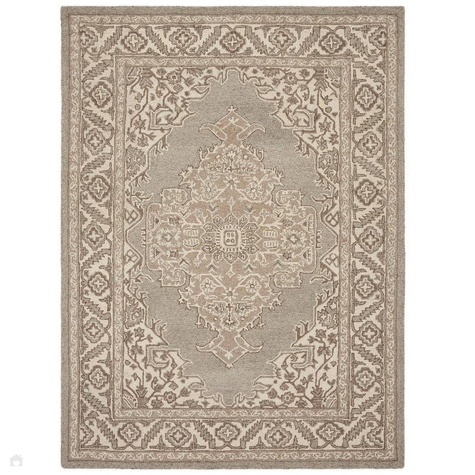 Bronte Traditional Persian Medallion Bordered Hand-Woven Textured Fine Wool Loop Pile Low Profile Short Pile Pile Natural/Beige/Grey Rug-Asiatic Carpets-Rug Love - The Most Loved Rug Store