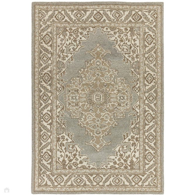 Bronte Traditional Persian Medallion Bordered Hand-Woven Textured Fine Wool Loop Pile Low Profile Short Pile Pile Natural/Beige/Grey Rug-Asiatic Carpets-Rug Love - The Most Loved Rug Store