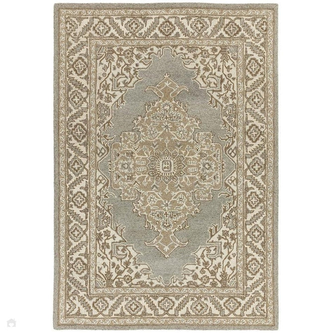 Bronte Traditional Persian Medallion Bordered Hand-Woven Textured Fine Wool Loop Pile Low Profile Short Pile Pile Natural/Beige/Grey Rug-Asiatic Carpets-Rug Love - The Most Loved Rug Store