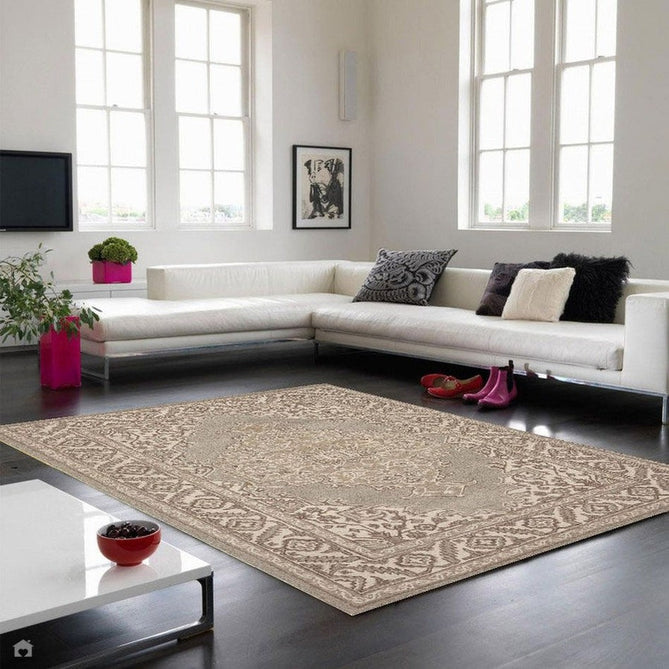 Bronte Traditional Persian Medallion Bordered Hand-Woven Textured Fine Wool Loop Pile Low Profile Short Pile Pile Natural/Beige/Grey Rug-Asiatic Carpets-Rug Love - The Most Loved Rug Store