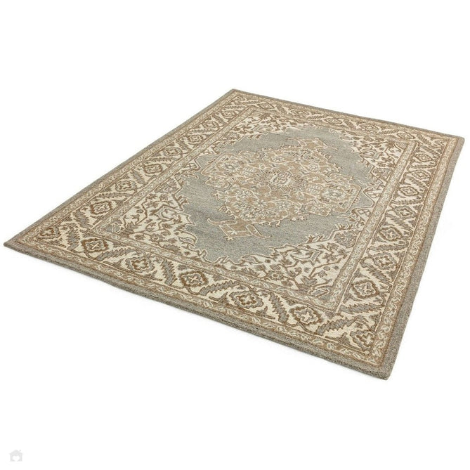 Bronte Traditional Persian Medallion Bordered Hand-Woven Textured Fine Wool Loop Pile Low Profile Short Pile Pile Natural/Beige/Grey Rug-Asiatic Carpets-Rug Love - The Most Loved Rug Store