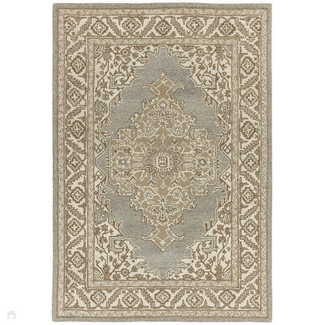 Bronte Traditional Persian Medallion Bordered Hand-Woven Textured Fine Wool Loop Pile Low Profile Short Pile Pile Natural/Beige/Grey Rug-Asiatic Carpets-Rug Love - The Most Loved Rug Store