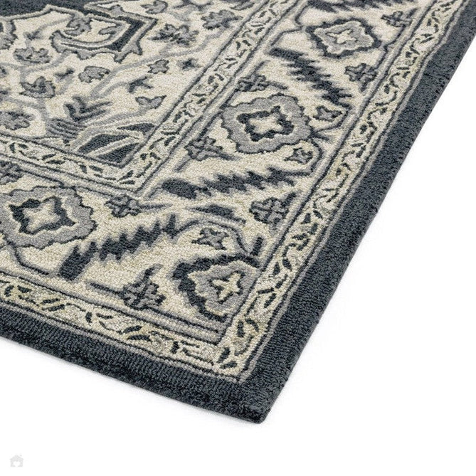 Bronte Traditional Persian Medallion Bordered Hand-Woven Textured Fine Wool Loop Pile Low Profile Short Pile Shadow Dark Grey/Beige/Cream Rug-Asiatic Carpets-Rug Love - The Most Loved Rug Store