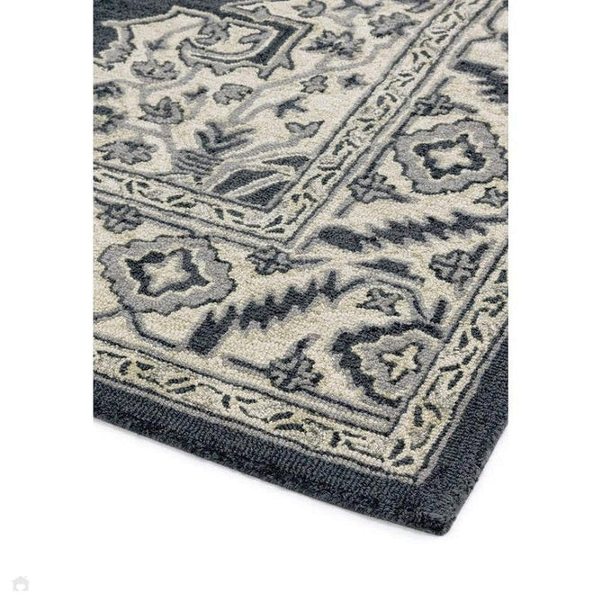 Bronte Traditional Persian Medallion Bordered Hand-Woven Textured Fine Wool Loop Pile Low Profile Short Pile Shadow Dark Grey/Beige/Cream Rug-Asiatic Carpets-Rug Love - The Most Loved Rug Store