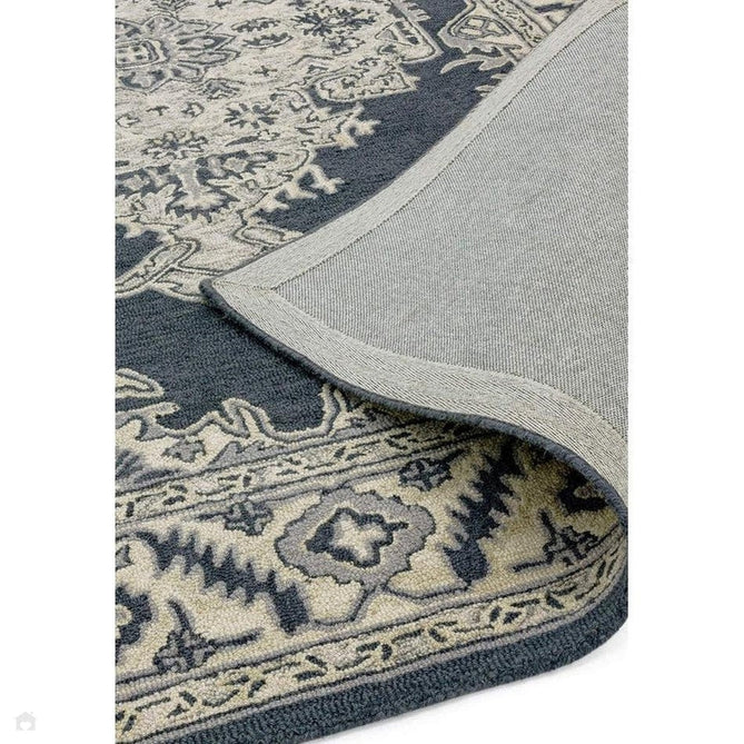 Bronte Traditional Persian Medallion Bordered Hand-Woven Textured Fine Wool Loop Pile Low Profile Short Pile Shadow Dark Grey/Beige/Cream Rug-Asiatic Carpets-Rug Love - The Most Loved Rug Store