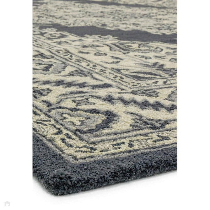Bronte Traditional Persian Medallion Bordered Hand-Woven Textured Fine Wool Loop Pile Low Profile Short Pile Shadow Dark Grey/Beige/Cream Rug-Asiatic Carpets-Rug Love - The Most Loved Rug Store