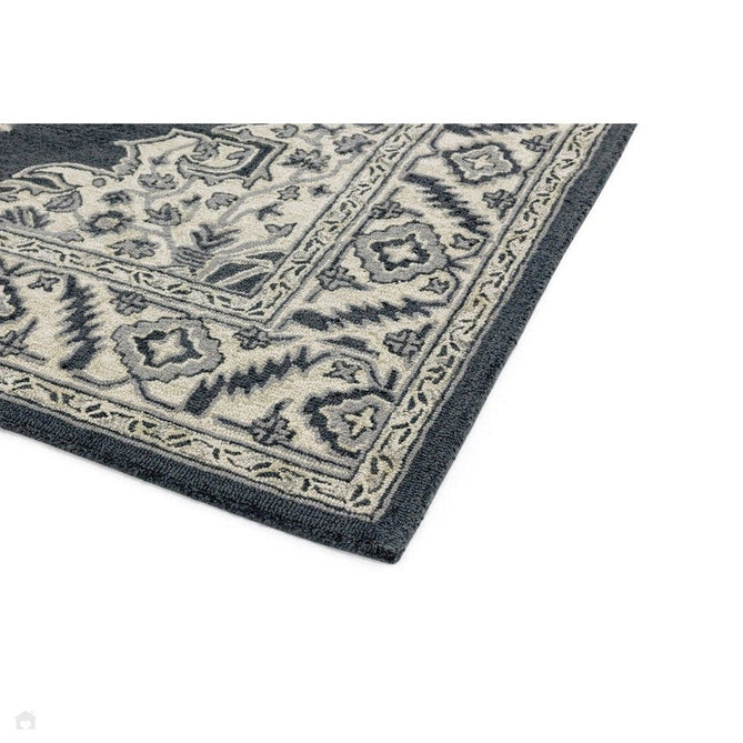 Bronte Traditional Persian Medallion Bordered Hand-Woven Textured Fine Wool Loop Pile Low Profile Short Pile Shadow Dark Grey/Beige/Cream Rug-Asiatic Carpets-Rug Love - The Most Loved Rug Store