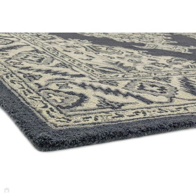 Bronte Traditional Persian Medallion Bordered Hand-Woven Textured Fine Wool Loop Pile Low Profile Short Pile Shadow Dark Grey/Beige/Cream Rug-Asiatic Carpets-Rug Love - The Most Loved Rug Store