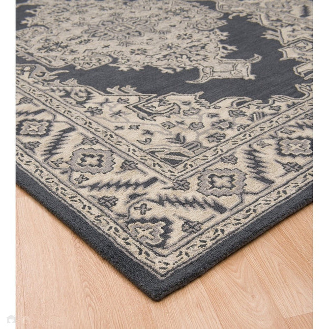 Bronte Traditional Persian Medallion Bordered Hand-Woven Textured Fine Wool Loop Pile Low Profile Short Pile Shadow Dark Grey/Beige/Cream Rug-Asiatic Carpets-Rug Love - The Most Loved Rug Store