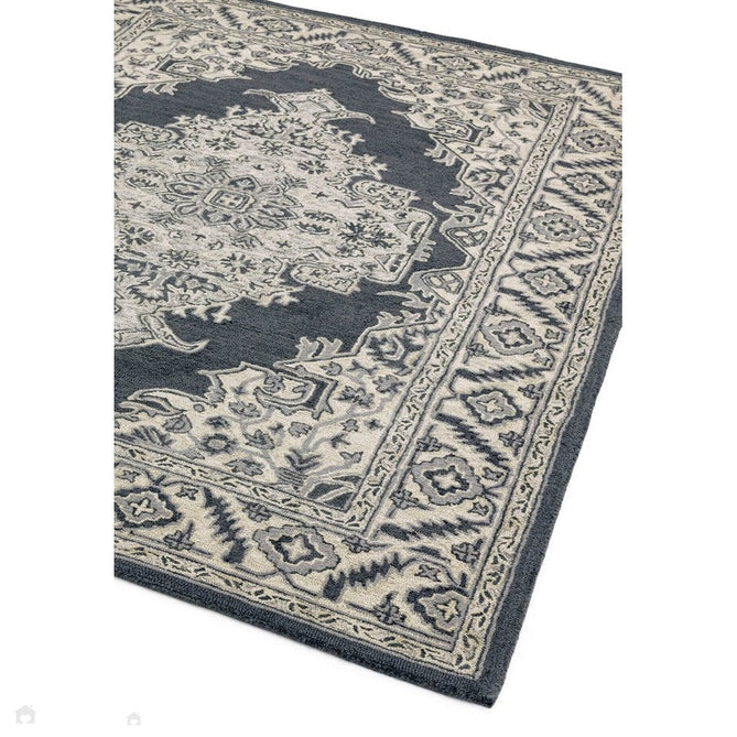 Bronte Traditional Persian Medallion Bordered Hand-Woven Textured Fine Wool Loop Pile Low Profile Short Pile Shadow Dark Grey/Beige/Cream Rug-Asiatic Carpets-Rug Love - The Most Loved Rug Store