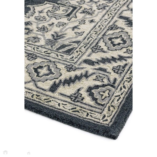 Bronte Traditional Persian Medallion Bordered Hand-Woven Textured Fine Wool Loop Pile Low Profile Short Pile Shadow Dark Grey/Beige/Cream Rug-Asiatic Carpets-Rug Love - The Most Loved Rug Store