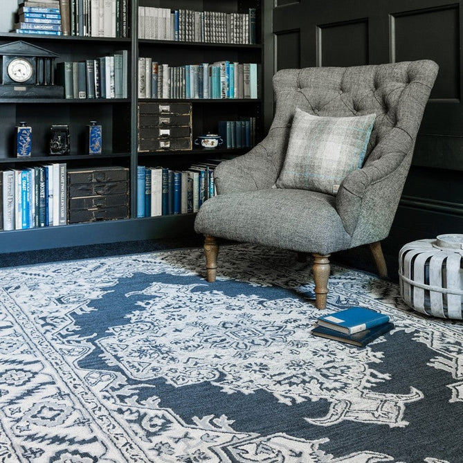 Bronte Traditional Persian Medallion Bordered Hand-Woven Textured Fine Wool Loop Pile Low Profile Short Pile Shadow Dark Grey/Beige/Cream Rug-Asiatic Carpets-Rug Love - The Most Loved Rug Store