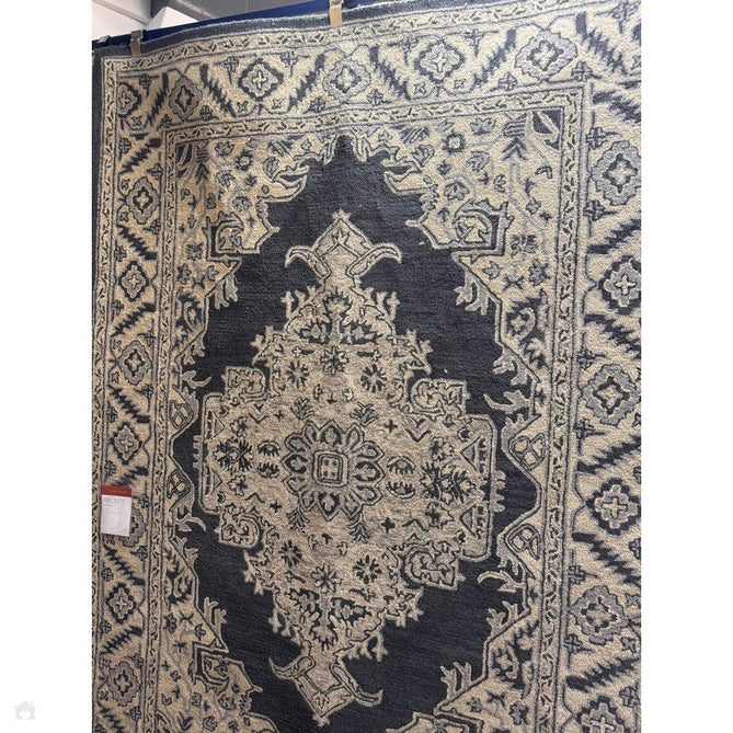 Bronte Traditional Persian Medallion Bordered Hand-Woven Textured Fine Wool Loop Pile Low Profile Short Pile Shadow Dark Grey/Beige/Cream Rug-Asiatic Carpets-Rug Love - The Most Loved Rug Store