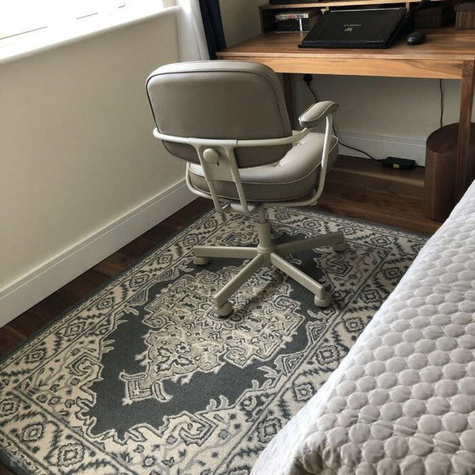 Bronte Traditional Persian Medallion Bordered Hand-Woven Textured Fine Wool Loop Pile Low Profile Short Pile Shadow Dark Grey/Beige/Cream Rug-Asiatic Carpets-Rug Love - The Most Loved Rug Store