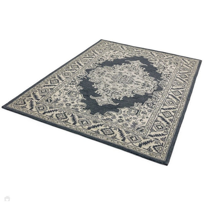 Bronte Traditional Persian Medallion Bordered Hand-Woven Textured Fine Wool Loop Pile Low Profile Short Pile Shadow Dark Grey/Beige/Cream Rug-Asiatic Carpets-Rug Love - The Most Loved Rug Store