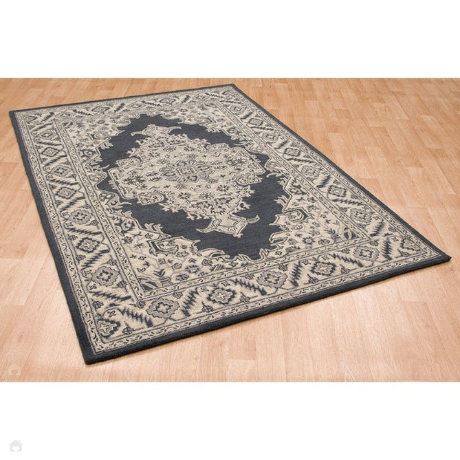 Bronte Traditional Persian Medallion Bordered Hand-Woven Textured Fine Wool Loop Pile Low Profile Short Pile Shadow Dark Grey/Beige/Cream Rug-Asiatic Carpets-Rug Love - The Most Loved Rug Store