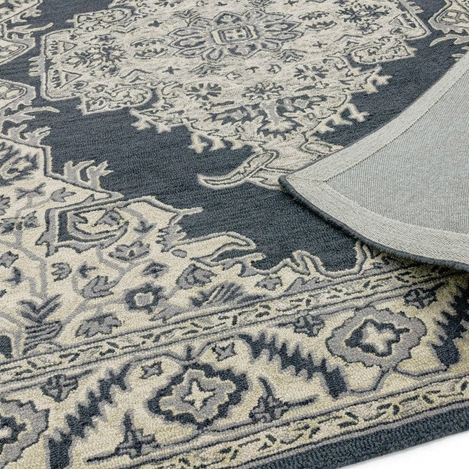 Bronte Traditional Persian Medallion Bordered Hand-Woven Textured Fine Wool Loop Pile Low Profile Short Pile Shadow Dark Grey/Beige/Cream Rug-Asiatic Carpets-Rug Love - The Most Loved Rug Store