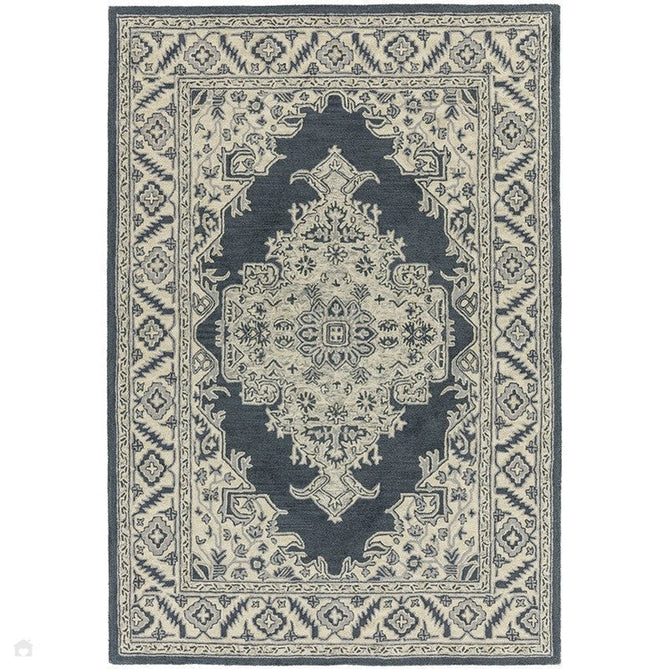 Bronte Traditional Persian Medallion Bordered Hand-Woven Textured Fine Wool Loop Pile Low Profile Short Pile Shadow Dark Grey/Beige/Cream Rug-Asiatic Carpets-Rug Love - The Most Loved Rug Store