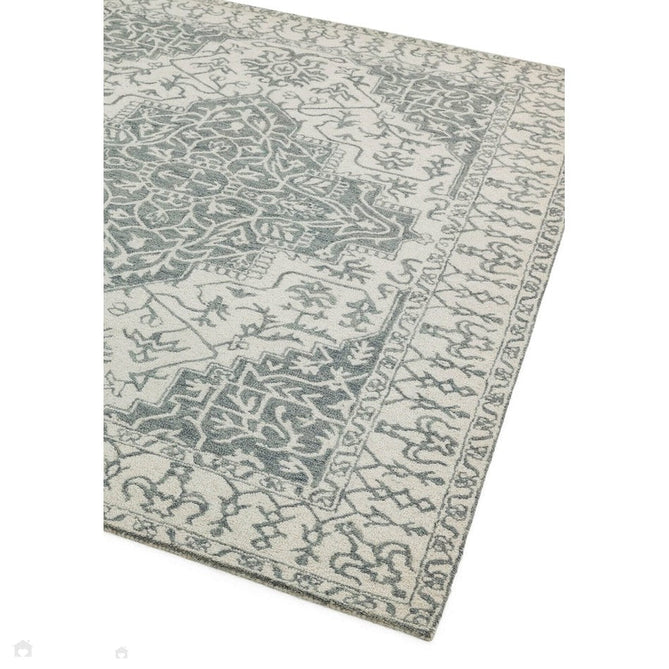 Bronte Traditional Persian Medallion Bordered Hand-Woven Textured Fine Wool Loop Pile Low Profile Short Pile Silver/Grey/Cream Rug-Asiatic Carpets-Rug Love - The Most Loved Rug Store