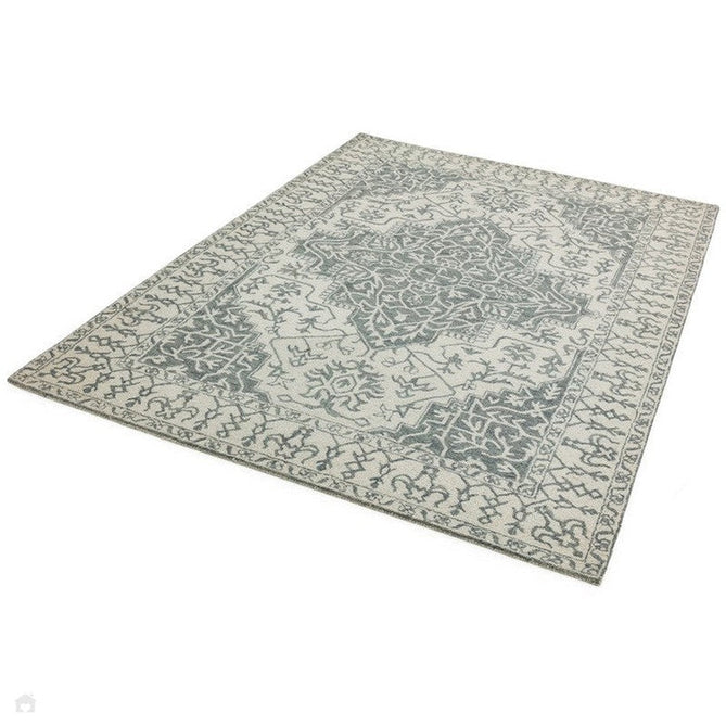 Bronte Traditional Persian Medallion Bordered Hand-Woven Textured Fine Wool Loop Pile Low Profile Short Pile Silver/Grey/Cream Rug-Asiatic Carpets-Rug Love - The Most Loved Rug Store