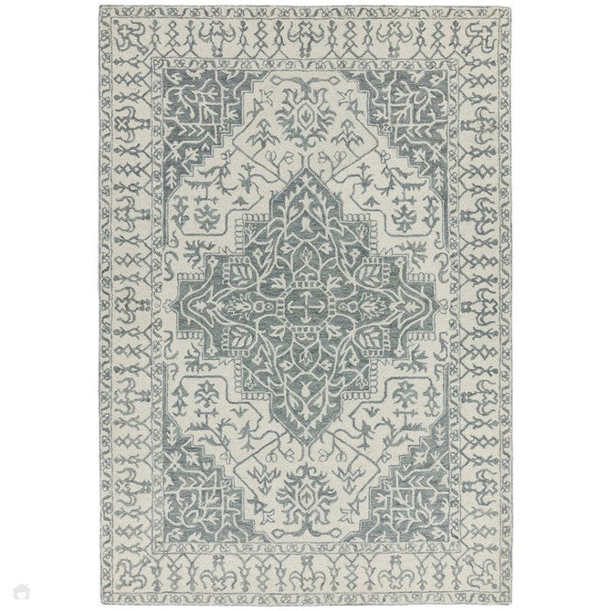 Bronte Traditional Persian Medallion Bordered Hand-Woven Textured Fine Wool Loop Pile Low Profile Short Pile Silver/Grey/Cream Rug-Asiatic Carpets-Rug Love - The Most Loved Rug Store