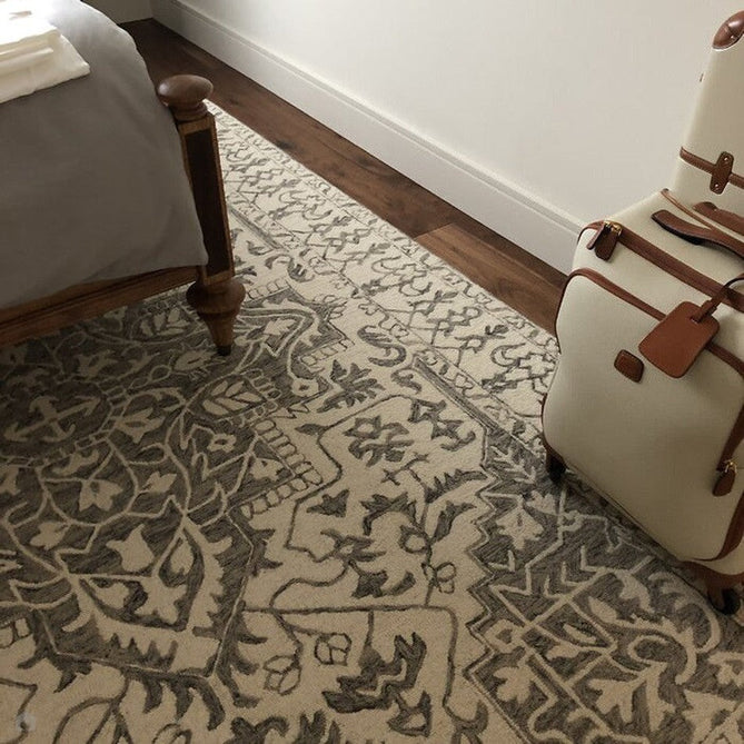 Bronte Traditional Persian Medallion Bordered Hand-Woven Textured Fine Wool Loop Pile Low Profile Short Pile Smoke Grey/Dark Beige/Taupe/Cream Rug-Asiatic Carpets-Rug Love - The Most Loved Rug Store