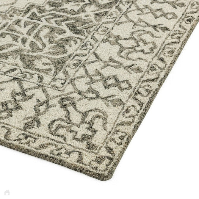 Bronte Traditional Persian Medallion Bordered Hand-Woven Textured Fine Wool Loop Pile Low Profile Short Pile Smoke Grey/Dark Beige/Taupe/Cream Rug-Asiatic Carpets-Rug Love - The Most Loved Rug Store
