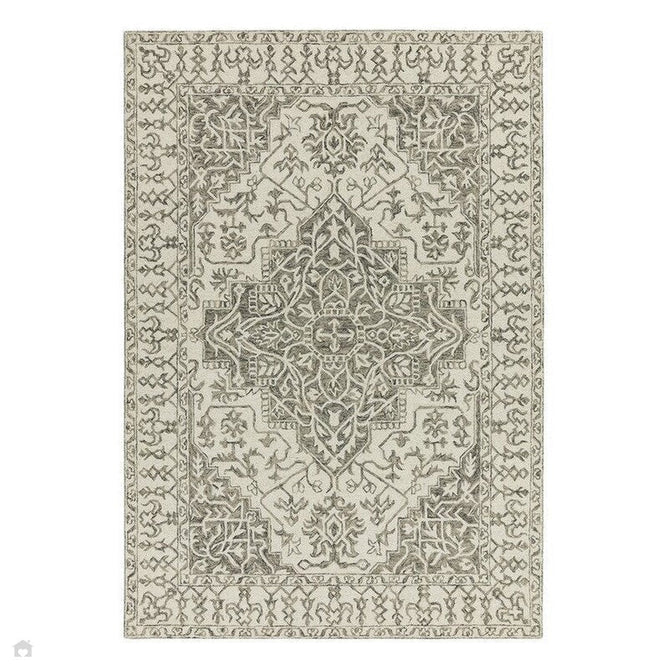 Bronte Traditional Persian Medallion Bordered Hand-Woven Textured Fine Wool Loop Pile Low Profile Short Pile Smoke Grey/Dark Beige/Taupe/Cream Rug-Asiatic Carpets-Rug Love - The Most Loved Rug Store