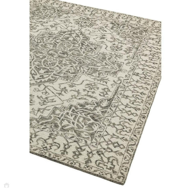 Bronte Traditional Persian Medallion Bordered Hand-Woven Textured Fine Wool Loop Pile Low Profile Short Pile Smoke Grey/Dark Beige/Taupe/Cream Rug-Asiatic Carpets-Rug Love - The Most Loved Rug Store