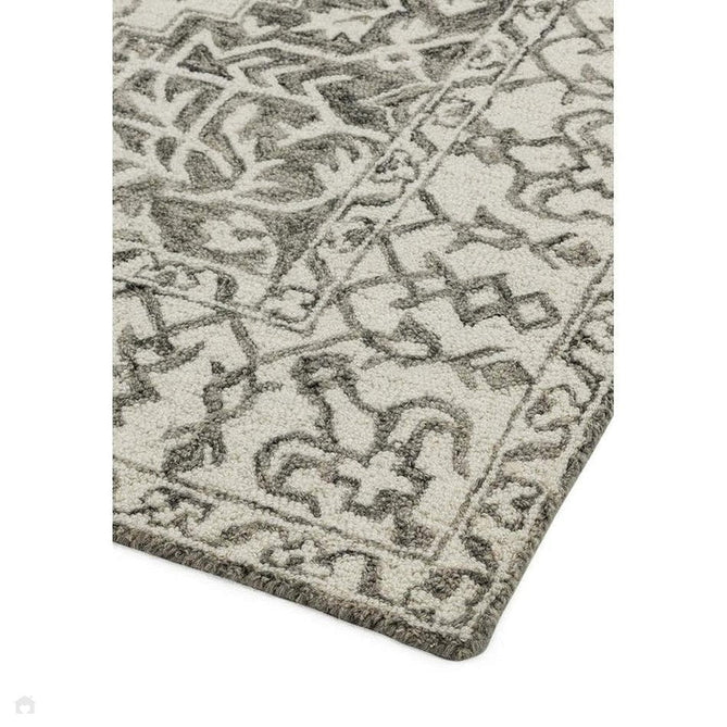 Bronte Traditional Persian Medallion Bordered Hand-Woven Textured Fine Wool Loop Pile Low Profile Short Pile Smoke Grey/Dark Beige/Taupe/Cream Rug-Asiatic Carpets-Rug Love - The Most Loved Rug Store