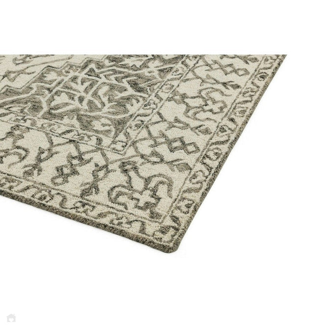 Bronte Traditional Persian Medallion Bordered Hand-Woven Textured Fine Wool Loop Pile Low Profile Short Pile Smoke Grey/Dark Beige/Taupe/Cream Rug-Asiatic Carpets-Rug Love - The Most Loved Rug Store