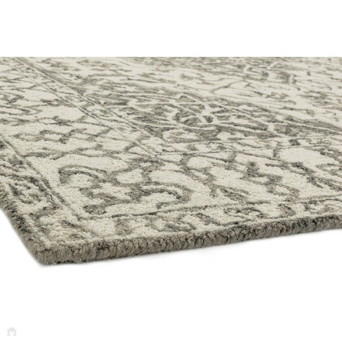 Bronte Traditional Persian Medallion Bordered Hand-Woven Textured Fine Wool Loop Pile Low Profile Short Pile Smoke Grey/Dark Beige/Taupe/Cream Rug-Asiatic Carpets-Rug Love - The Most Loved Rug Store