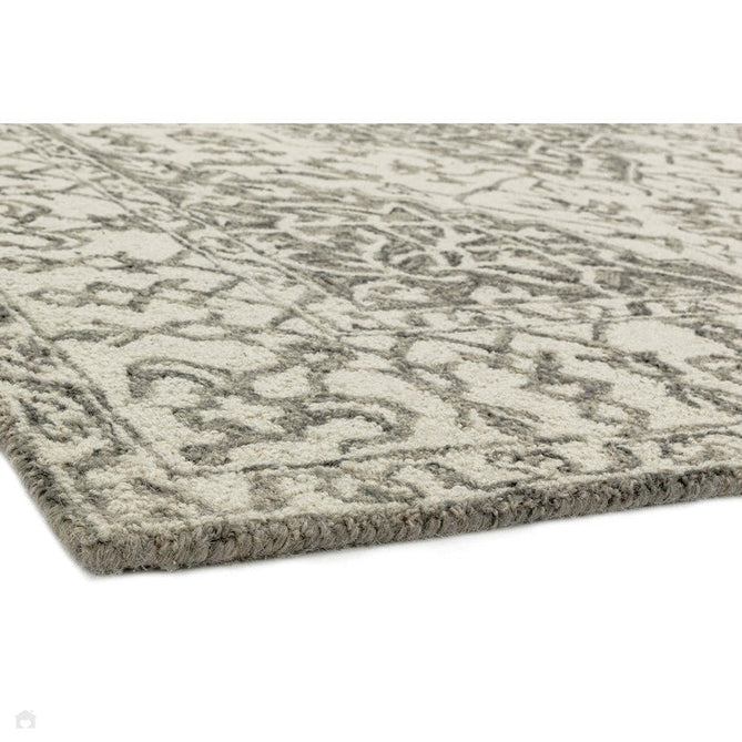 Bronte Traditional Persian Medallion Bordered Hand-Woven Textured Fine Wool Loop Pile Low Profile Short Pile Smoke Grey/Dark Beige/Taupe/Cream Rug-Asiatic Carpets-Rug Love - The Most Loved Rug Store