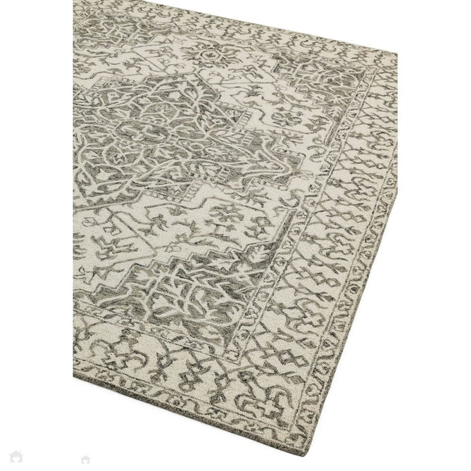 Bronte Traditional Persian Medallion Bordered Hand-Woven Textured Fine Wool Loop Pile Low Profile Short Pile Smoke Grey/Dark Beige/Taupe/Cream Rug-Asiatic Carpets-Rug Love - The Most Loved Rug Store