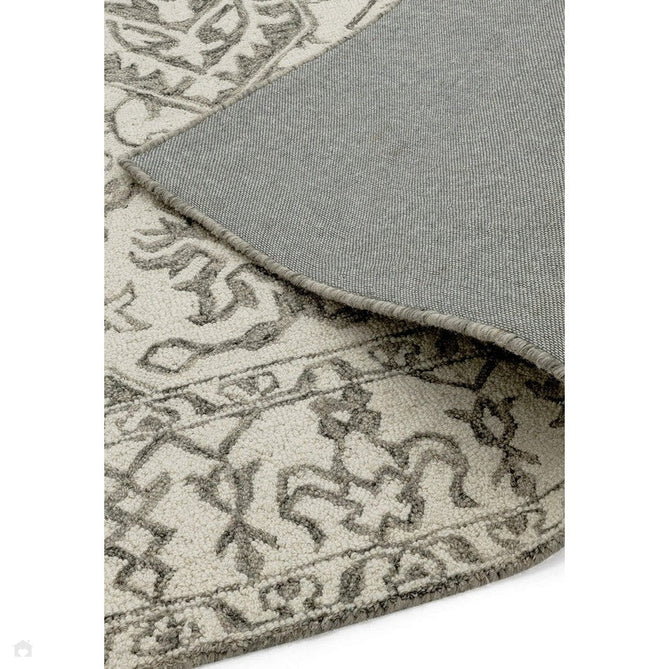 Bronte Traditional Persian Medallion Bordered Hand-Woven Textured Fine Wool Loop Pile Low Profile Short Pile Smoke Grey/Dark Beige/Taupe/Cream Rug-Asiatic Carpets-Rug Love - The Most Loved Rug Store