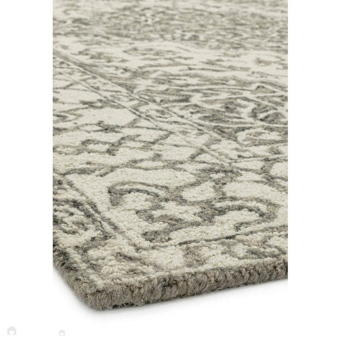 Bronte Traditional Persian Medallion Bordered Hand-Woven Textured Fine Wool Loop Pile Low Profile Short Pile Smoke Grey/Dark Beige/Taupe/Cream Rug-Asiatic Carpets-Rug Love - The Most Loved Rug Store