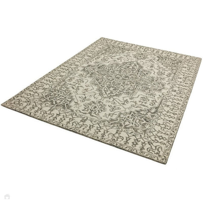 Bronte Traditional Persian Medallion Bordered Hand-Woven Textured Fine Wool Loop Pile Low Profile Short Pile Smoke Grey/Dark Beige/Taupe/Cream Rug-Asiatic Carpets-Rug Love - The Most Loved Rug Store