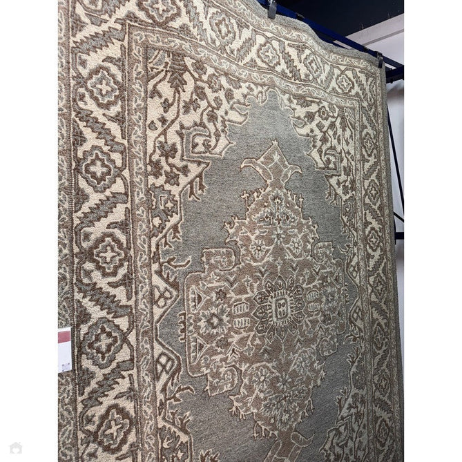 Bronte Traditional Persian Medallion Bordered Hand-Woven Textured Fine Wool Loop Pile Low Profile Short Pile Smoke Grey/Dark Beige/Taupe/Cream Rug-Asiatic Carpets-Rug Love - The Most Loved Rug Store
