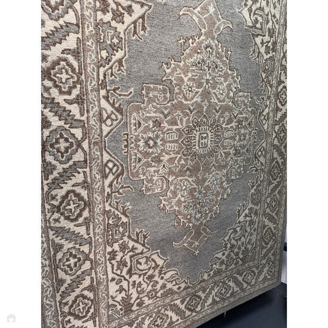 Bronte Traditional Persian Medallion Bordered Hand-Woven Textured Fine Wool Loop Pile Low Profile Short Pile Smoke Grey/Dark Beige/Taupe/Cream Rug-Asiatic Carpets-Rug Love - The Most Loved Rug Store
