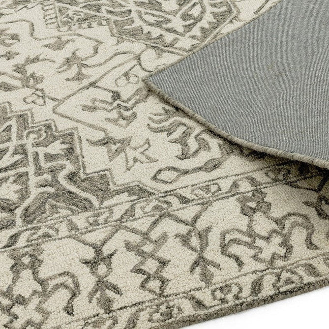 Bronte Traditional Persian Medallion Bordered Hand-Woven Textured Fine Wool Loop Pile Low Profile Short Pile Smoke Grey/Dark Beige/Taupe/Cream Rug-Asiatic Carpets-Rug Love - The Most Loved Rug Store