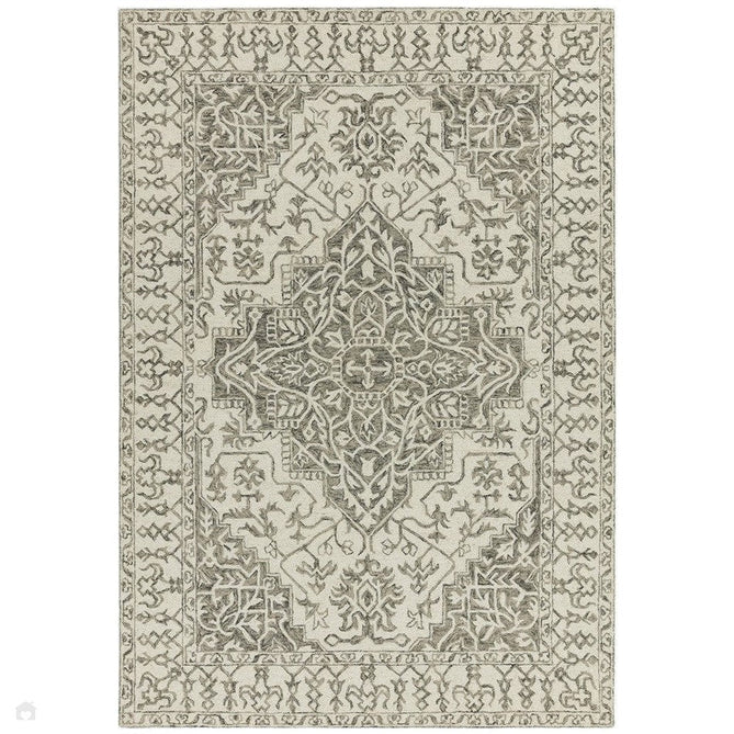 Bronte Traditional Persian Medallion Bordered Hand-Woven Textured Fine Wool Loop Pile Low Profile Short Pile Smoke Grey/Dark Beige/Taupe/Cream Rug-Asiatic Carpets-Rug Love - The Most Loved Rug Store