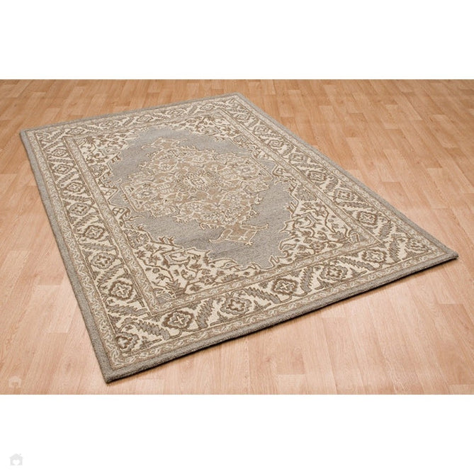 Bronte Traditional Persian Medallion Bordered Hand-Woven Textured Wool Fine Loop Wool Pile Natural/Beige/Grey Rug-Asiatic Carpets-Rug Love - The Most Loved Rug Store