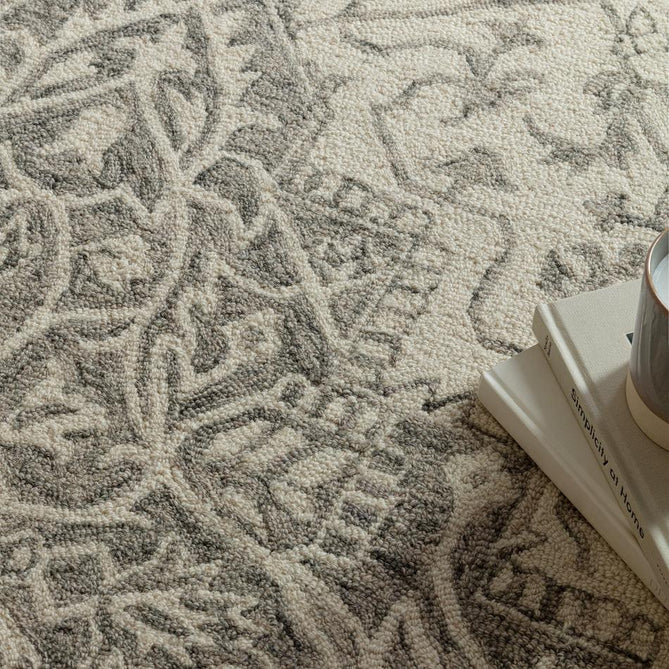 Bronte Traditional Persian Medallion Bordered Hand-Woven Textured Fine Wool Loop Pile Low Profile Short Pile Smoke Grey/Dark Beige/Taupe/Cream Rug