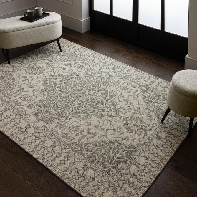 Bronte Traditional Persian Medallion Bordered Hand-Woven Textured Fine Wool Loop Pile Low Profile Short Pile Smoke Grey/Dark Beige/Taupe/Cream Rug