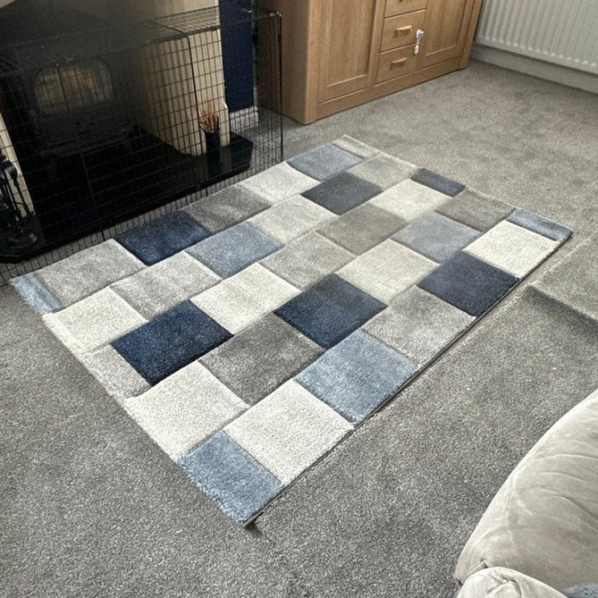 Brooklyn 21830 Modern Geometric Square Patchwork Blocks Soft Carved Durable Short Pile Grey/Blue/Cream Rug-Think Rugs-Rug Love - The Most Loved Rug Store