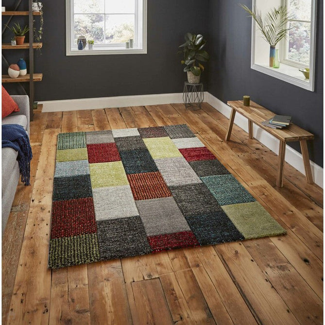 Brooklyn 21830 Modern Geometric Square Patchwork Blocks Soft Carved Durable Short Pile Grey/Multicolour Rug-Think Rugs-Rug Love - The Most Loved Rug Store