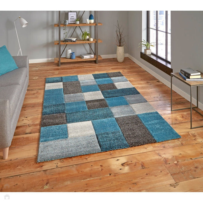 Brooklyn 646 Modern Geometric Tile Blocks Soft Carved Durable Short Pile Blue/Grey/Cream Rug-Think Rugs-Rug Love - The Most Loved Rug Store